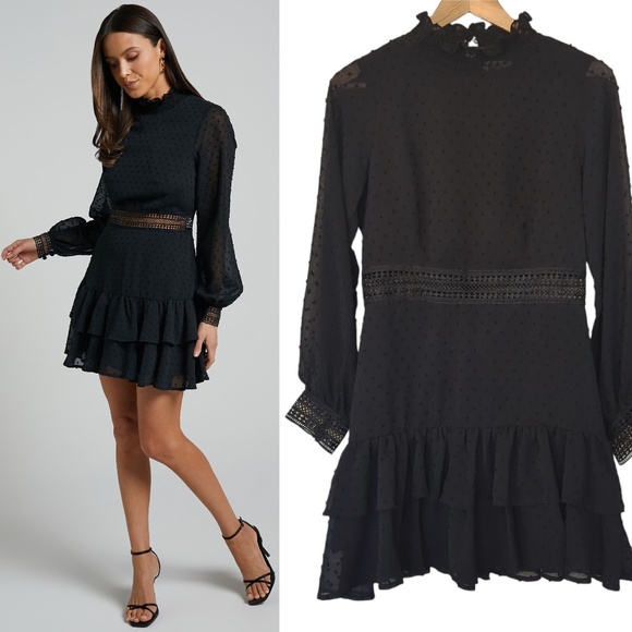 Showpo. “Are You Gonna Kiss Me” Black Swiss Dot  Long Sleeve Mini Dress - Picture 1 of 11